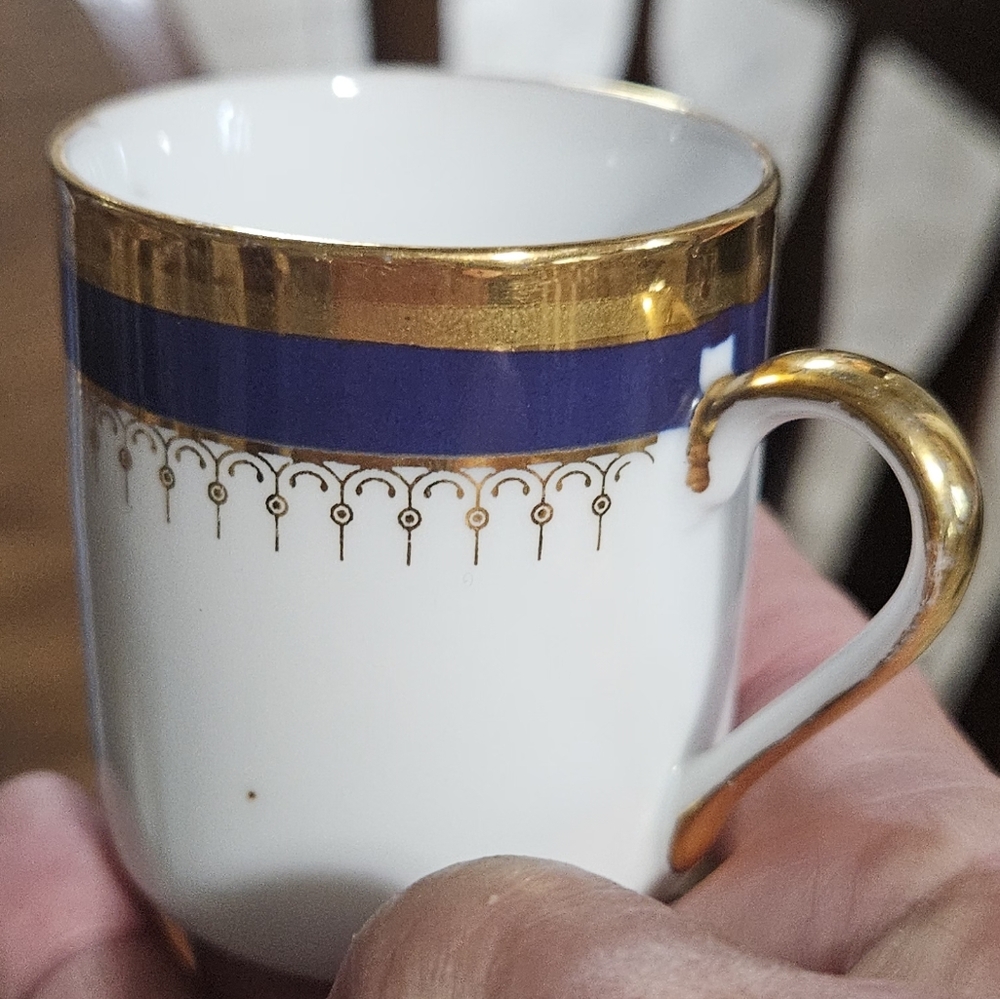 Four (4) Vintage Cobalt Blue Espresso/Demitasse Flat Cups-Gold Trim & Handle